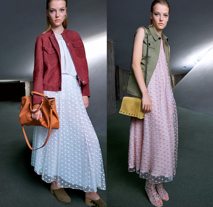 Longchamp 2018 Spring Summer Womens Lookbook Presentation - Mode à Paris Fashion Week Mode Féminin France - Art Deco Geometric Prism Polygon Outerwear Trench Coat Shawl Suede Safari Jacket Vest Waistcoat Cargo Pockets Paillettes Decorated Fringes Stripes Long Sleeve Blouse Shirt Silk Satin Tassels Zigzag Sheer Chiffon Tulle Polka Dots Denim Jeans Dress Miniskirt Shorts Lace Up Gladiator Boots Peep Open Toe Clogs Espadrilles Sandals Gold Metallic Sunglasses Shades Wide Strap Handbag Weave