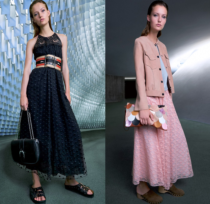 Longchamp 2018 Spring Summer Womens Lookbook Presentation - Mode à Paris Fashion Week Mode Féminin France - Art Deco Geometric Prism Polygon Outerwear Trench Coat Shawl Suede Safari Jacket Vest Waistcoat Cargo Pockets Paillettes Decorated Fringes Stripes Long Sleeve Blouse Shirt Silk Satin Tassels Zigzag Sheer Chiffon Tulle Polka Dots Denim Jeans Dress Miniskirt Shorts Lace Up Gladiator Boots Peep Open Toe Clogs Espadrilles Sandals Gold Metallic Sunglasses Shades Wide Strap Handbag Weave