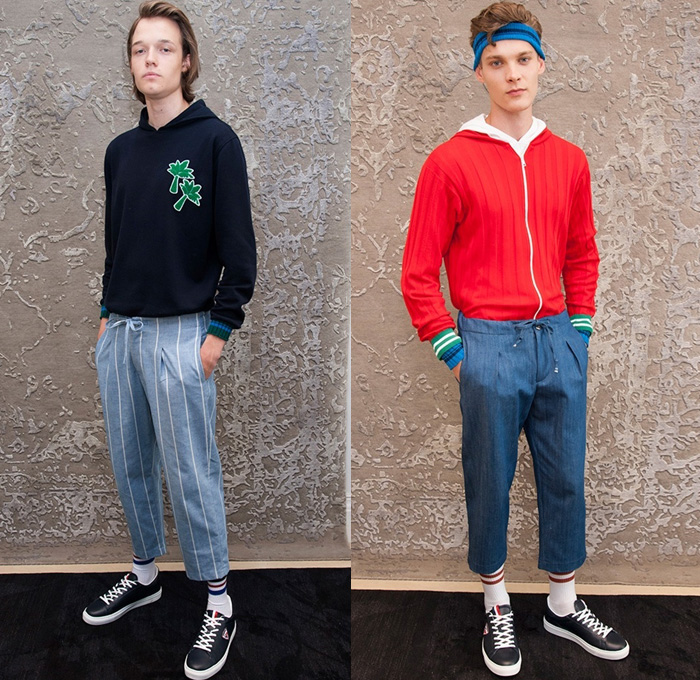 Luca Larenza 2018 Spring Summer Mens Lookbook Presentation - Milano Moda Uomo Collezione Milan Fashion Week Italy - Denim Jeans Trousers Cropped Pants Shorts Cutoffs Drawstring Chunky Knit Sweater Jumper Pullover Ribbed Cardigan Wide Collar Zipper Stripes Embossed Engraved Soccer Football Jersey Bomber Club Varsity Stadium Jacket Stripes Hood Sweatshirt Socks Tennis Shoes Sneakers Headband Sportswear Athleisure Activewear