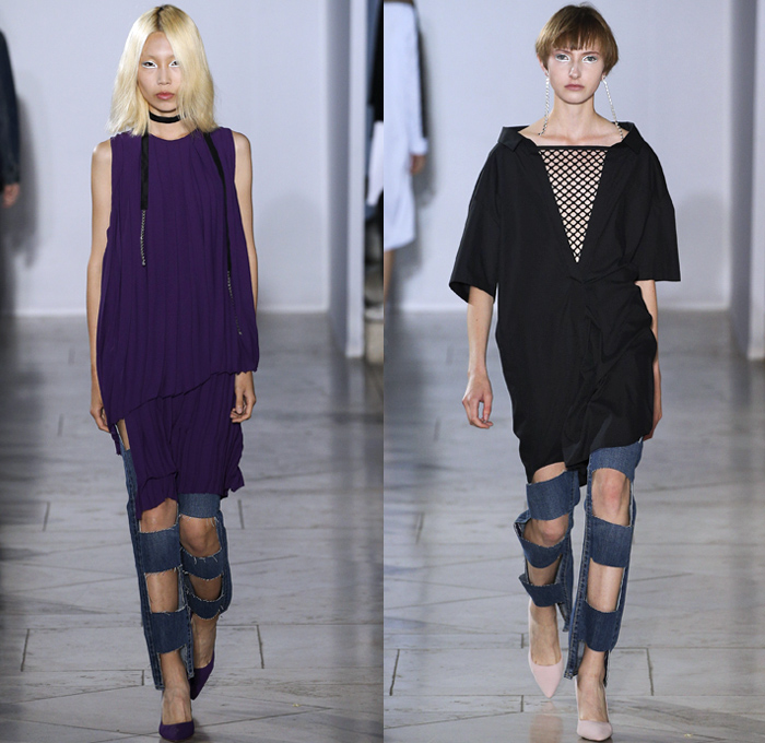 Lutz Huelle 2018 Spring Summer Womens Runway Catwalk Looks - Mode à Paris Fashion Week Mode France - Denim Jeans Frayed Raw Hem Destroyed Hybrid Combo Lace Panel Patchwork Trench Coat Nylon Rainwear Parka Anorak Shirtdress Bell Wide Sleeves Leg O'Mutton Sleeves Flowers Floral Accordion Pleats Mesh Fishnet Brocade Jacquard Skirt Shoelace Scarf Crystals