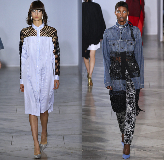 Lutz Huelle 2018 Spring Summer Womens Runway Catwalk Looks - Mode à Paris Fashion Week Mode France - Denim Jeans Frayed Raw Hem Destroyed Hybrid Combo Lace Panel Patchwork Trench Coat Nylon Rainwear Parka Anorak Shirtdress Bell Wide Sleeves Leg O'Mutton Sleeves Flowers Floral Accordion Pleats Mesh Fishnet Brocade Jacquard Skirt Shoelace Scarf Crystals