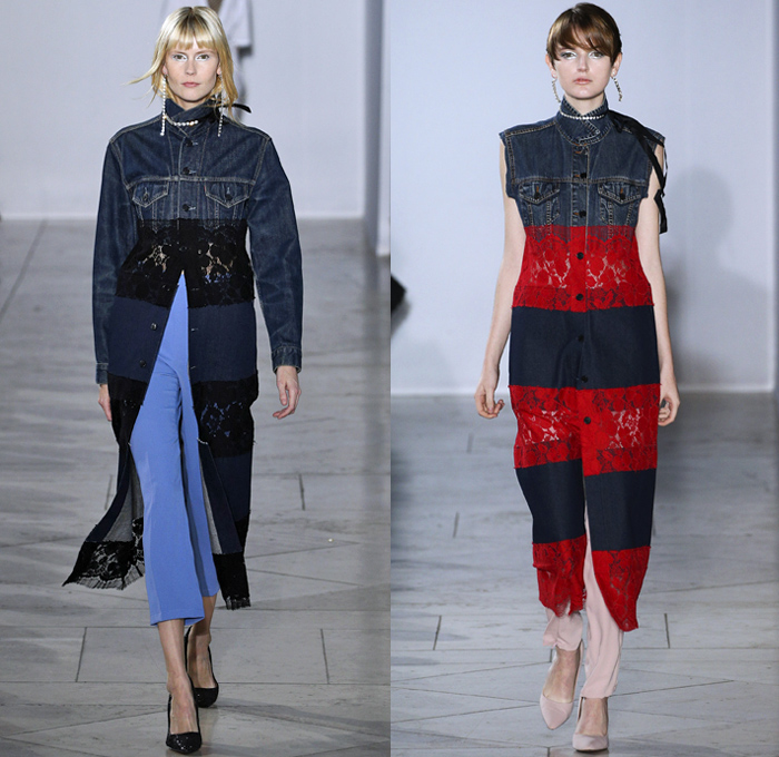 Lutz Huelle 2018 Spring Summer Womens Runway Catwalk Looks - Mode à Paris Fashion Week Mode France - Denim Jeans Frayed Raw Hem Destroyed Hybrid Combo Lace Panel Patchwork Trench Coat Nylon Rainwear Parka Anorak Shirtdress Bell Wide Sleeves Leg O'Mutton Sleeves Flowers Floral Accordion Pleats Mesh Fishnet Brocade Jacquard Skirt Shoelace Scarf Crystals