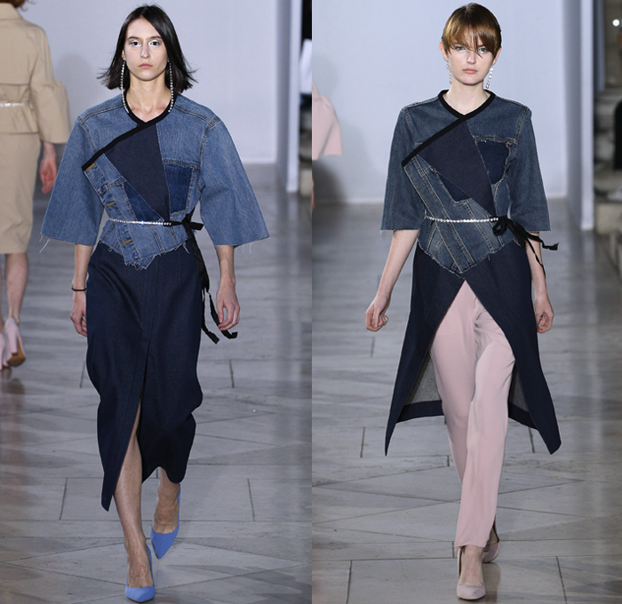 Lutz Huelle 2018 Spring Summer Womens Runway Catwalk Looks - Mode à Paris Fashion Week Mode France - Denim Jeans Frayed Raw Hem Destroyed Hybrid Combo Lace Panel Patchwork Trench Coat Nylon Rainwear Parka Anorak Shirtdress Bell Wide Sleeves Leg O'Mutton Sleeves Flowers Floral Accordion Pleats Mesh Fishnet Brocade Jacquard Skirt Shoelace Scarf Crystals