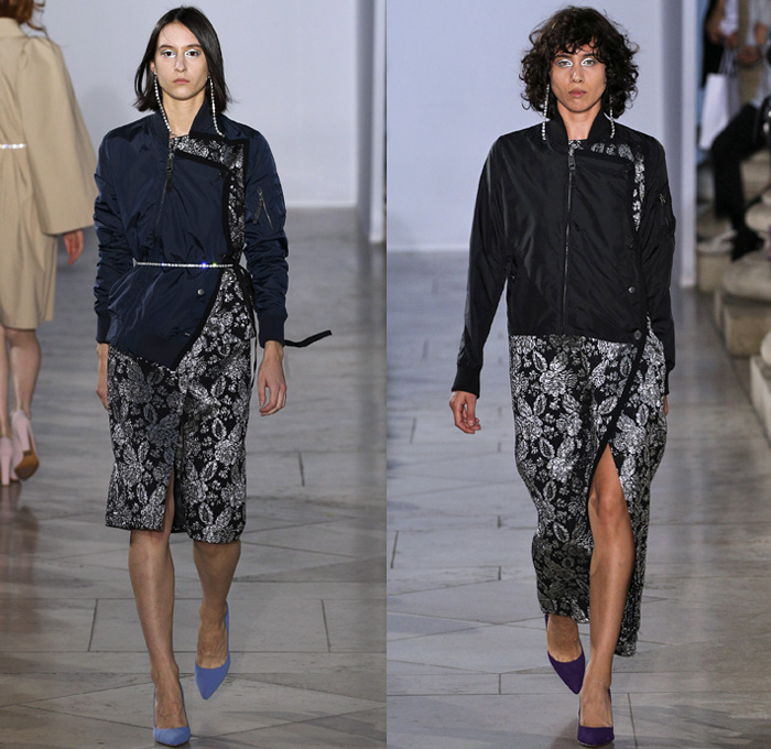 Lutz Huelle 2018 Spring Summer Womens Runway Catwalk Looks - Mode à Paris Fashion Week Mode France - Denim Jeans Frayed Raw Hem Destroyed Hybrid Combo Lace Panel Patchwork Trench Coat Nylon Rainwear Parka Anorak Shirtdress Bell Wide Sleeves Leg O'Mutton Sleeves Flowers Floral Accordion Pleats Mesh Fishnet Brocade Jacquard Skirt Shoelace Scarf Crystals