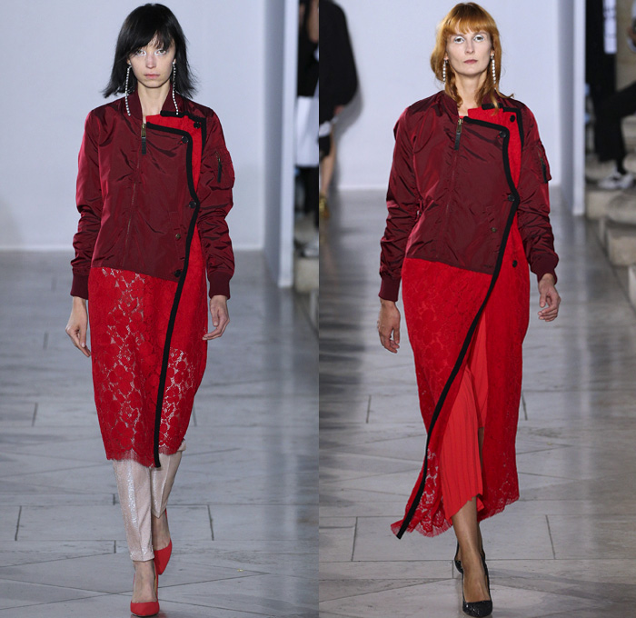 Lutz Huelle 2018 Spring Summer Womens Runway Catwalk Looks - Mode à Paris Fashion Week Mode France - Denim Jeans Frayed Raw Hem Destroyed Hybrid Combo Lace Panel Patchwork Trench Coat Nylon Rainwear Parka Anorak Shirtdress Bell Wide Sleeves Leg O'Mutton Sleeves Flowers Floral Accordion Pleats Mesh Fishnet Brocade Jacquard Skirt Shoelace Scarf Crystals