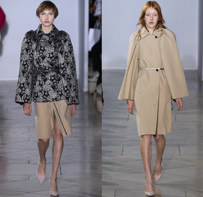 Lutz Huelle 2018 Spring Summer Womens Runway Catwalk Looks - Mode à Paris Fashion Week Mode France - Denim Jeans Frayed Raw Hem Destroyed Hybrid Combo Lace Panel Patchwork Trench Coat Nylon Rainwear Parka Anorak Shirtdress Bell Wide Sleeves Leg O'Mutton Sleeves Flowers Floral Accordion Pleats Mesh Fishnet Brocade Jacquard Skirt Shoelace Scarf Crystals