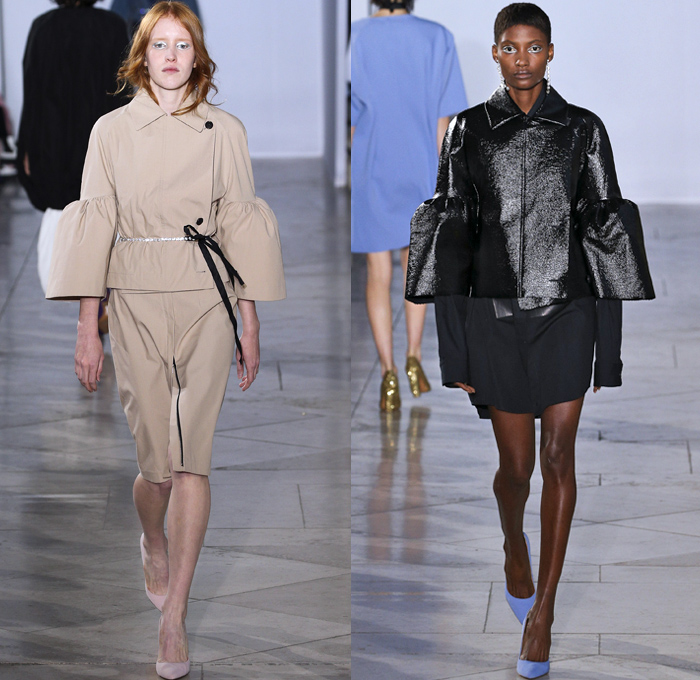 Lutz Huelle 2018 Spring Summer Womens Runway Catwalk Looks - Mode à Paris Fashion Week Mode France - Denim Jeans Frayed Raw Hem Destroyed Hybrid Combo Lace Panel Patchwork Trench Coat Nylon Rainwear Parka Anorak Shirtdress Bell Wide Sleeves Leg O'Mutton Sleeves Flowers Floral Accordion Pleats Mesh Fishnet Brocade Jacquard Skirt Shoelace Scarf Crystals