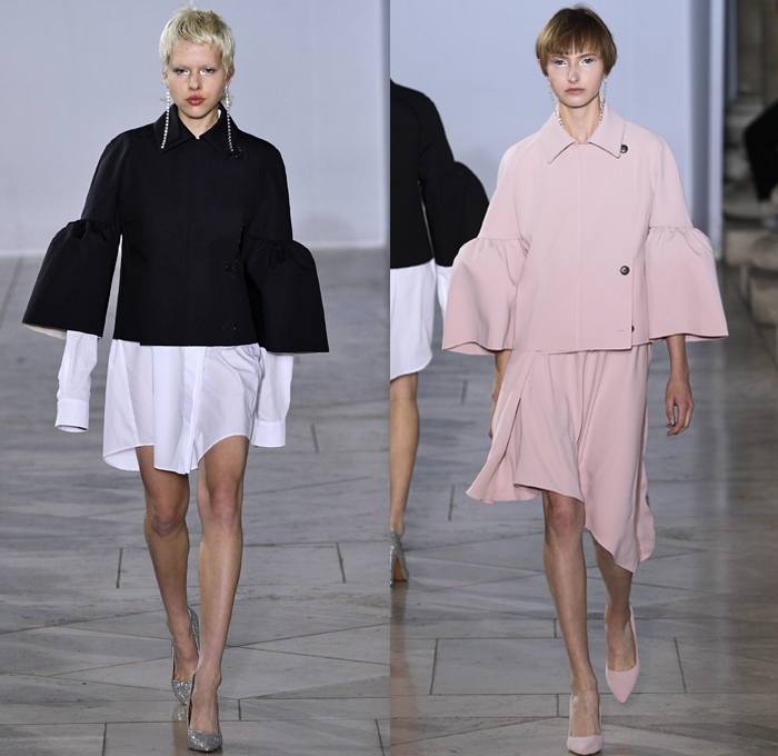 Lutz Huelle 2018 Spring Summer Womens Runway Catwalk Looks - Mode à Paris Fashion Week Mode France - Denim Jeans Frayed Raw Hem Destroyed Hybrid Combo Lace Panel Patchwork Trench Coat Nylon Rainwear Parka Anorak Shirtdress Bell Wide Sleeves Leg O'Mutton Sleeves Flowers Floral Accordion Pleats Mesh Fishnet Brocade Jacquard Skirt Shoelace Scarf Crystals