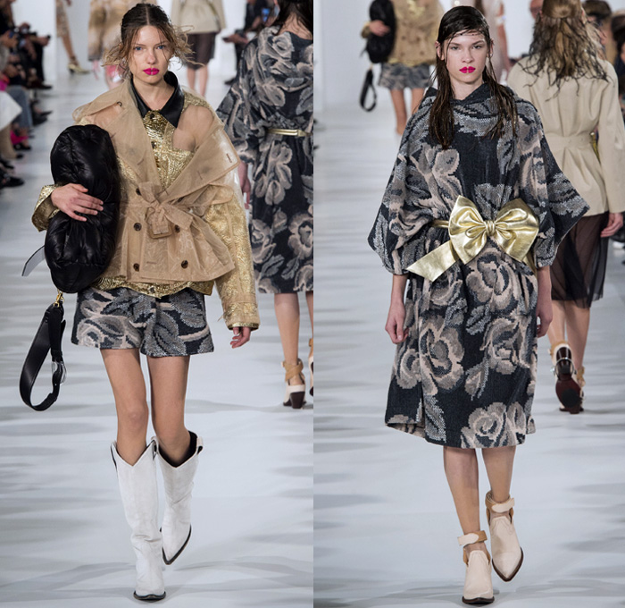 Maison Margiela 2018 Spring Summer Womens Runway Catwalk Looks - Mode à Paris Fashion Week Mode Féminin France - Ostrich Feathers Airport Luggage Airline Tags Plane Tickets Deconstructed Cutout Metallic Sheen Gold Bronze Stripes Plaid Tartan Check Flowers Floral Leaves Foliage Bedazzled Jewels Pearls Accordion Pleats Fringes Knot Bow Trench Coat Shirtdress Knitwear Bralette Sheer Chiffon Flapper Speakeasy Cowgirl Boots Pointed Shoes Swimming Cap Fishnet Colored Sunglasses Handbag