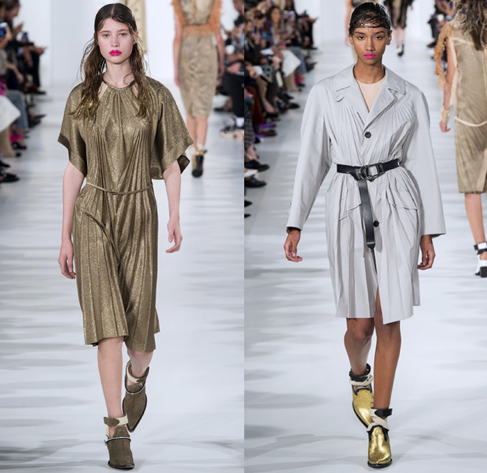 Maison Margiela 2018 Spring Summer Womens Runway Catwalk Looks - Mode à Paris Fashion Week Mode Féminin France - Ostrich Feathers Airport Luggage Airline Tags Plane Tickets Deconstructed Cutout Metallic Sheen Gold Bronze Stripes Plaid Tartan Check Flowers Floral Leaves Foliage Bedazzled Jewels Pearls Accordion Pleats Fringes Knot Bow Trench Coat Shirtdress Knitwear Bralette Sheer Chiffon Flapper Speakeasy Cowgirl Boots Pointed Shoes Swimming Cap Fishnet Colored Sunglasses Handbag