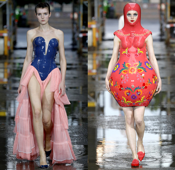 Marina Hoermanseder 2018 Spring Summer Womens Runway Catwalk Looks - Berlin Fashion Week Germany Deutschland Frühjahr Sommer 2018 - Matryoshka Russian Nesting Babushka Doll Mega Buckle Wide Belt Sculptural Straps Wrap Around Bustier Corset Strapless PVC Vinyl Pleather Bedazzled Metallic Studs Denim Jeans Sheer Chiffon Organza Tulle Turtleneck Sweater Jumper Shirt Crop Top Midriff Tiered Ruffles Flounce Flowers Floral Botanical Embroidery Belt Skirt Miniskirt Peplum Wide Leg Trousers Palazzo Pants Leotard Thigh High Boots Headscarf Tote Handbag