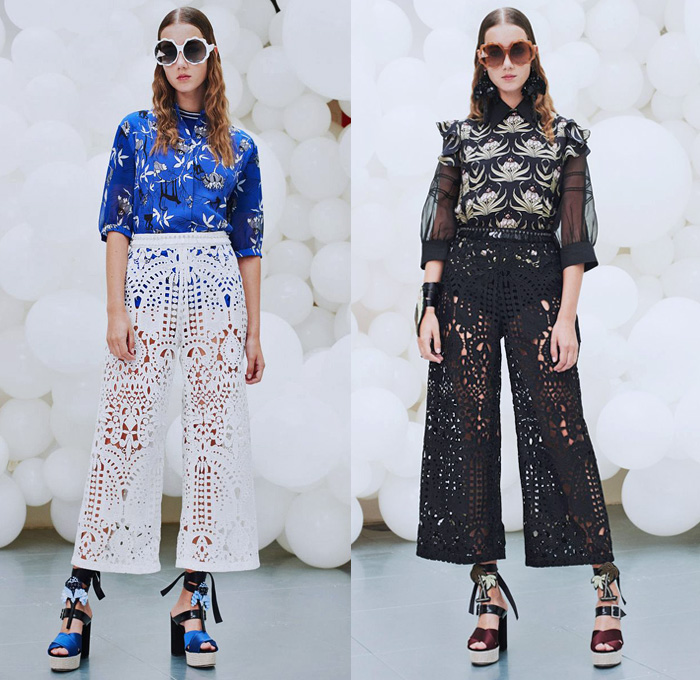 Markus Lupfer 2018 Spring Summer Womens Lookbook Presentation - London Fashion Week Collections UK United Kingdom - Retro Jacket Cardigan Vest Knit Sweater Turtleneck Long Sleeve Blouse Shirt Sheer Chiffon Organza Palm Trees Monkeys Forest Flowers Floral Leaves Foliage Chevron Stripes Plaid Tartan Check Layers Embroidery Decorated Appliqués Bedazzled Lace Dress Skirt Frock Tutu Hotpants Drawstring Shorts Wide Leg Trousers Palazzo Pants Rainbow Bird Parrot Heels Pumps Arm Band Ribbon Turban Headwear Sunglasses Dangling Earrings