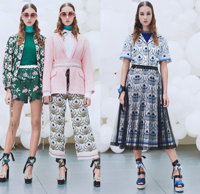 Markus Lupfer 2018 Spring Summer Womens Lookbook Presentation - London Fashion Week Collections UK United Kingdom - Retro Jacket Cardigan Vest Knit Sweater Turtleneck Long Sleeve Blouse Shirt Sheer Chiffon Organza Palm Trees Monkeys Forest Flowers Floral Leaves Foliage Chevron Stripes Plaid Tartan Check Layers Embroidery Decorated Appliqués Bedazzled Lace Dress Skirt Frock Tutu Hotpants Drawstring Shorts Wide Leg Trousers Palazzo Pants Rainbow Bird Parrot Heels Pumps Arm Band Ribbon Turban Headwear Sunglasses Dangling Earrings