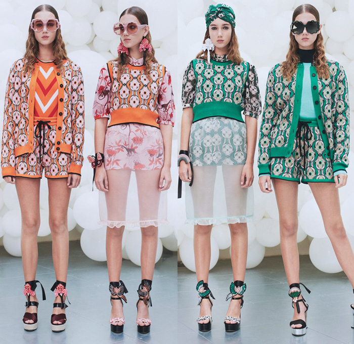 Markus Lupfer 2018 Spring Summer Womens Lookbook Presentation - London Fashion Week Collections UK United Kingdom - Retro Jacket Cardigan Vest Knit Sweater Turtleneck Long Sleeve Blouse Shirt Sheer Chiffon Organza Palm Trees Monkeys Forest Flowers Floral Leaves Foliage Chevron Stripes Plaid Tartan Check Layers Embroidery Decorated Appliqués Bedazzled Lace Dress Skirt Frock Tutu Hotpants Drawstring Shorts Wide Leg Trousers Palazzo Pants Rainbow Bird Parrot Heels Pumps Arm Band Ribbon Turban Headwear Sunglasses Dangling Earrings