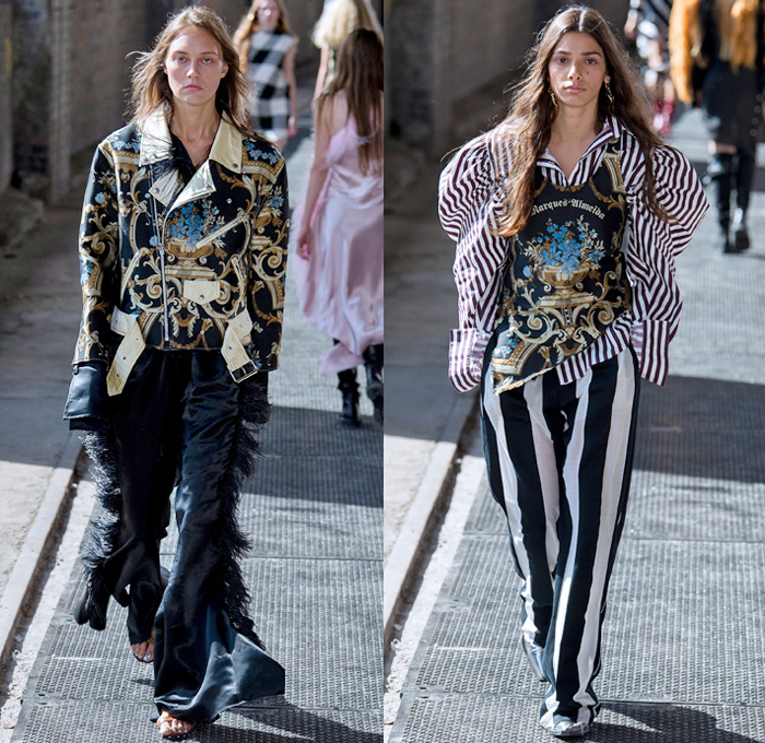 Marques'Almeida 2018 Spring Summer Womens Runway Catwalk Looks - London Fashion Week UK - Renaissance Art Asian Dragon Birds Cow Flowers Floral Ornaments Fringes Stripes Lace Up Sequins Ruffles Straps Belts Plaid Patchwork Linen Denim Jeans Bib Apron Oversized Wide Leg Palazzo Pants Destroyed Leg O'Mutton Sleeves One Shoulder Cutout Sheer Tulle Bikercoat Motorcycle Jacket Crop Top Midriff Gilet Strapless Bustier Dress Eveningwear Cargo Pockets Knit Sweaterdress Boots Handbag Chain Doctor Bag