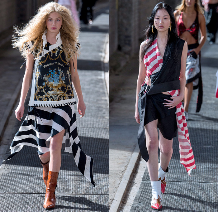 Marques'Almeida 2018 Spring Summer Womens Runway Catwalk Looks - London Fashion Week UK - Renaissance Art Asian Dragon Birds Cow Flowers Floral Ornaments Fringes Stripes Lace Up Sequins Ruffles Straps Belts Plaid Patchwork Linen Denim Jeans Bib Apron Oversized Wide Leg Palazzo Pants Destroyed Leg O'Mutton Sleeves One Shoulder Cutout Sheer Tulle Bikercoat Motorcycle Jacket Crop Top Midriff Gilet Strapless Bustier Dress Eveningwear Cargo Pockets Knit Sweaterdress Boots Handbag Chain Doctor Bag