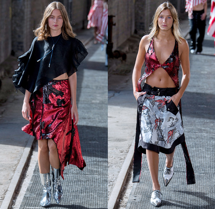 Marques'Almeida 2018 Spring Summer Womens Runway Catwalk Looks - London Fashion Week UK - Renaissance Art Asian Dragon Birds Cow Flowers Floral Ornaments Fringes Stripes Lace Up Sequins Ruffles Straps Belts Plaid Patchwork Linen Denim Jeans Bib Apron Oversized Wide Leg Palazzo Pants Destroyed Leg O'Mutton Sleeves One Shoulder Cutout Sheer Tulle Bikercoat Motorcycle Jacket Crop Top Midriff Gilet Strapless Bustier Dress Eveningwear Cargo Pockets Knit Sweaterdress Boots Handbag Chain Doctor Bag