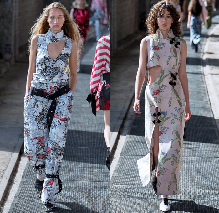 Marques'Almeida 2018 Spring Summer Womens Runway Catwalk Looks - London Fashion Week UK - Renaissance Art Asian Dragon Birds Cow Flowers Floral Ornaments Fringes Stripes Lace Up Sequins Ruffles Straps Belts Plaid Patchwork Linen Denim Jeans Bib Apron Oversized Wide Leg Palazzo Pants Destroyed Leg O'Mutton Sleeves One Shoulder Cutout Sheer Tulle Bikercoat Motorcycle Jacket Crop Top Midriff Gilet Strapless Bustier Dress Eveningwear Cargo Pockets Knit Sweaterdress Boots Handbag Chain Doctor Bag