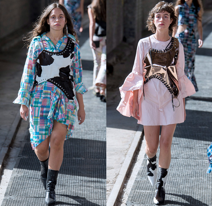 Marques'Almeida 2018 Spring Summer Womens Runway Catwalk Looks - London Fashion Week UK - Renaissance Art Asian Dragon Birds Cow Flowers Floral Ornaments Fringes Stripes Lace Up Sequins Ruffles Straps Belts Plaid Patchwork Linen Denim Jeans Bib Apron Oversized Wide Leg Palazzo Pants Destroyed Leg O'Mutton Sleeves One Shoulder Cutout Sheer Tulle Bikercoat Motorcycle Jacket Crop Top Midriff Gilet Strapless Bustier Dress Eveningwear Cargo Pockets Knit Sweaterdress Boots Handbag Chain Doctor Bag