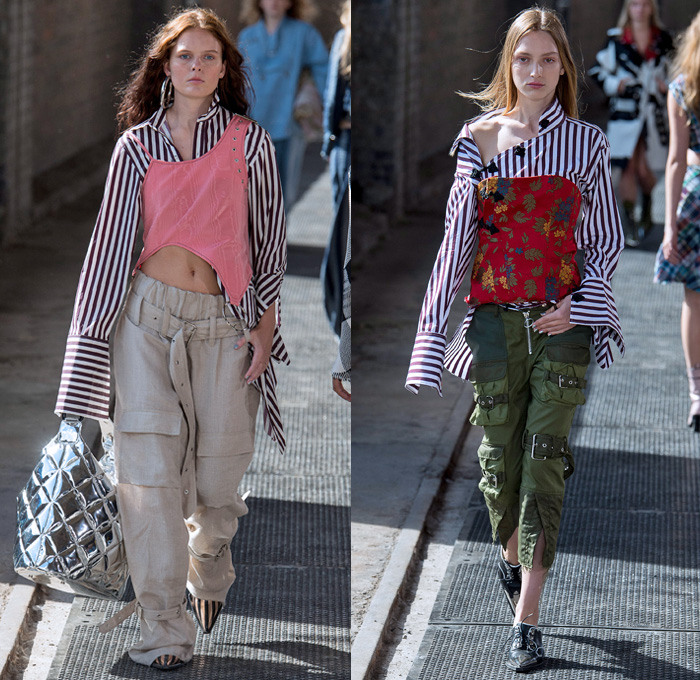 Marques'Almeida 2018 Spring Summer Womens Runway Catwalk Looks - London Fashion Week UK - Renaissance Art Asian Dragon Birds Cow Flowers Floral Ornaments Fringes Stripes Lace Up Sequins Ruffles Straps Belts Plaid Patchwork Linen Denim Jeans Bib Apron Oversized Wide Leg Palazzo Pants Destroyed Leg O'Mutton Sleeves One Shoulder Cutout Sheer Tulle Bikercoat Motorcycle Jacket Crop Top Midriff Gilet Strapless Bustier Dress Eveningwear Cargo Pockets Knit Sweaterdress Boots Handbag Chain Doctor Bag