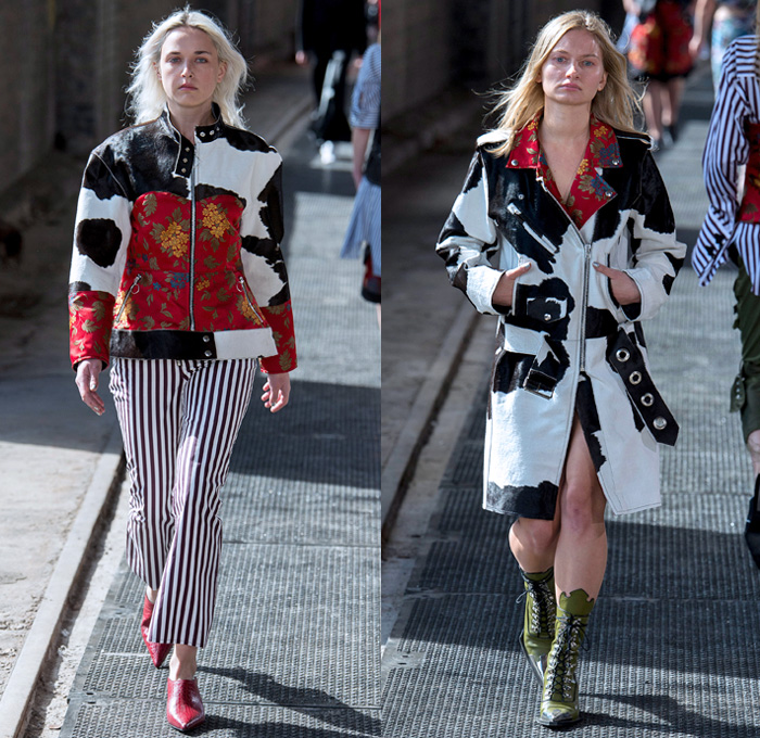 Marques'Almeida 2018 Spring Summer Womens Runway Catwalk Looks - London Fashion Week UK - Renaissance Art Asian Dragon Birds Cow Flowers Floral Ornaments Fringes Stripes Lace Up Sequins Ruffles Straps Belts Plaid Patchwork Linen Denim Jeans Bib Apron Oversized Wide Leg Palazzo Pants Destroyed Leg O'Mutton Sleeves One Shoulder Cutout Sheer Tulle Bikercoat Motorcycle Jacket Crop Top Midriff Gilet Strapless Bustier Dress Eveningwear Cargo Pockets Knit Sweaterdress Boots Handbag Chain Doctor Bag