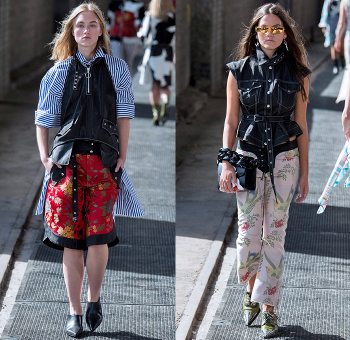 Marques'Almeida 2018 Spring Summer Womens Runway Catwalk Looks - London Fashion Week UK - Renaissance Art Asian Dragon Birds Cow Flowers Floral Ornaments Fringes Stripes Lace Up Sequins Ruffles Straps Belts Plaid Patchwork Linen Denim Jeans Bib Apron Oversized Wide Leg Palazzo Pants Destroyed Leg O'Mutton Sleeves One Shoulder Cutout Sheer Tulle Bikercoat Motorcycle Jacket Crop Top Midriff Gilet Strapless Bustier Dress Eveningwear Cargo Pockets Knit Sweaterdress Boots Handbag Chain Doctor Bag