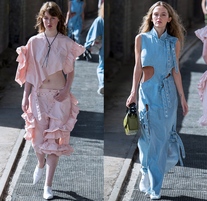 Marques'Almeida 2018 Spring Summer Womens Runway Catwalk Looks - London Fashion Week UK - Renaissance Art Asian Dragon Birds Cow Flowers Floral Ornaments Fringes Stripes Lace Up Sequins Ruffles Straps Belts Plaid Patchwork Linen Denim Jeans Bib Apron Oversized Wide Leg Palazzo Pants Destroyed Leg O'Mutton Sleeves One Shoulder Cutout Sheer Tulle Bikercoat Motorcycle Jacket Crop Top Midriff Gilet Strapless Bustier Dress Eveningwear Cargo Pockets Knit Sweaterdress Boots Handbag Chain Doctor Bag