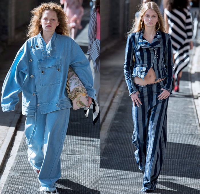 Marques'Almeida 2018 Spring Summer Womens Runway Catwalk Looks - London Fashion Week UK - Renaissance Art Asian Dragon Birds Cow Flowers Floral Ornaments Fringes Stripes Lace Up Sequins Ruffles Straps Belts Plaid Patchwork Linen Denim Jeans Bib Apron Oversized Wide Leg Palazzo Pants Destroyed Leg O'Mutton Sleeves One Shoulder Cutout Sheer Tulle Bikercoat Motorcycle Jacket Crop Top Midriff Gilet Strapless Bustier Dress Eveningwear Cargo Pockets Knit Sweaterdress Boots Handbag Chain Doctor Bag