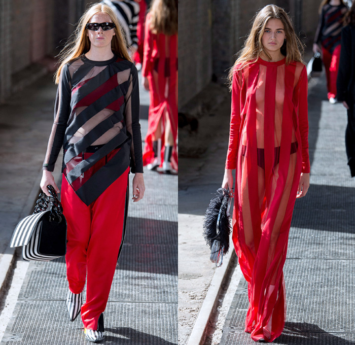 Marques'Almeida 2018 Spring Summer Womens Runway Catwalk Looks - London Fashion Week UK - Renaissance Art Asian Dragon Birds Cow Flowers Floral Ornaments Fringes Stripes Lace Up Sequins Ruffles Straps Belts Plaid Patchwork Linen Denim Jeans Bib Apron Oversized Wide Leg Palazzo Pants Destroyed Leg O'Mutton Sleeves One Shoulder Cutout Sheer Tulle Bikercoat Motorcycle Jacket Crop Top Midriff Gilet Strapless Bustier Dress Eveningwear Cargo Pockets Knit Sweaterdress Boots Handbag Chain Doctor Bag