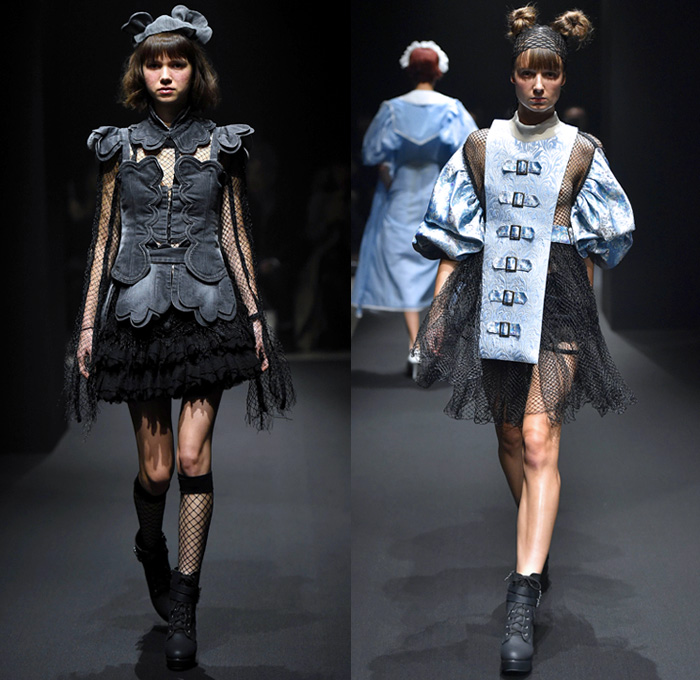 Memuse 2018 Spring Summer Womens Runway Catwalk Looks Risa Aizawa - Amazon Fashion Week Tokyo Japan AmazonFWT - Denim Petals Jean Panels Vest Trench Coat Mesh Fishnet Ruffles Belts Straps Brocade Jacquard Leg O'Mutton Sleeves Sheer Tulle Wires Lace Teddy Bear Plush Toys Geometric Prism Metallic Foil Silk Satin Flowers Floral Moon Crescent Ribbons Maid Apron Check Serpentine Tentacles Rope Weave Braid Doily Accordion Pleats Babydoll Dress Miniskirt Shorts Asymmetrical Hem Hat Boots Veil