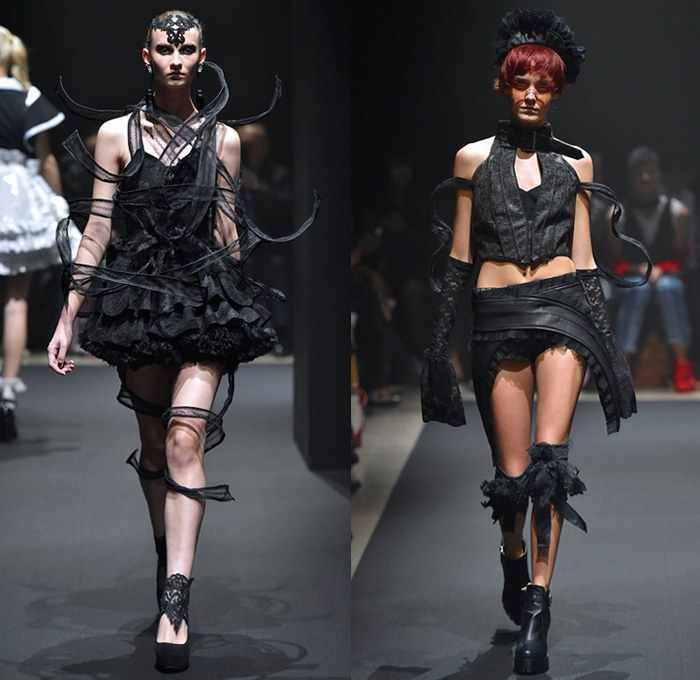 Memuse 2018 Spring Summer Womens Runway Catwalk Looks Risa Aizawa - Amazon Fashion Week Tokyo Japan AmazonFWT - Denim Petals Jean Panels Vest Trench Coat Mesh Fishnet Ruffles Belts Straps Brocade Jacquard Leg O'Mutton Sleeves Sheer Tulle Wires Lace Teddy Bear Plush Toys Geometric Prism Metallic Foil Silk Satin Flowers Floral Moon Crescent Ribbons Maid Apron Check Serpentine Tentacles Rope Weave Braid Doily Accordion Pleats Babydoll Dress Miniskirt Shorts Asymmetrical Hem Hat Boots Veil