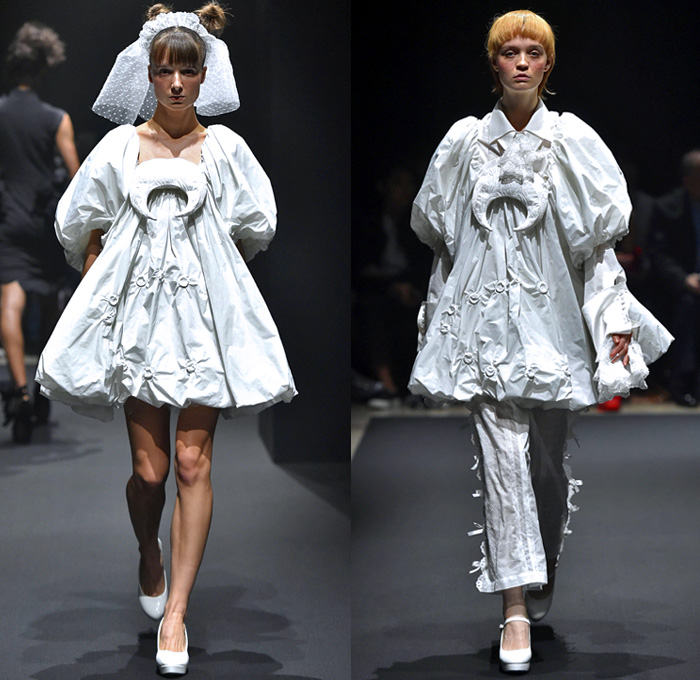 Memuse 2018 Spring Summer Womens Runway Catwalk Looks Risa Aizawa - Amazon Fashion Week Tokyo Japan AmazonFWT - Denim Petals Jean Panels Vest Trench Coat Mesh Fishnet Ruffles Belts Straps Brocade Jacquard Leg O'Mutton Sleeves Sheer Tulle Wires Lace Teddy Bear Plush Toys Geometric Prism Metallic Foil Silk Satin Flowers Floral Moon Crescent Ribbons Maid Apron Check Serpentine Tentacles Rope Weave Braid Doily Accordion Pleats Babydoll Dress Miniskirt Shorts Asymmetrical Hem Hat Boots Veil