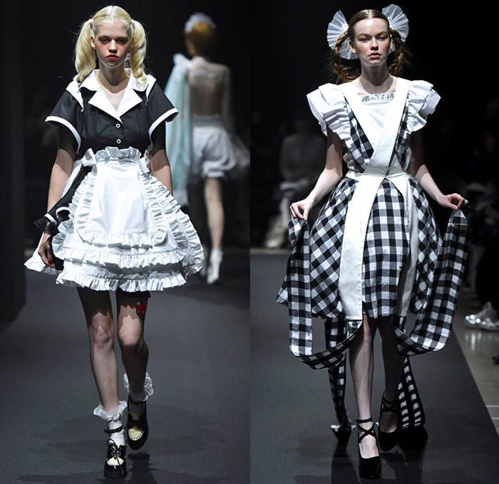 Memuse 2018 Spring Summer Womens Runway Catwalk Looks Risa Aizawa - Amazon Fashion Week Tokyo Japan AmazonFWT - Denim Petals Jean Panels Vest Trench Coat Mesh Fishnet Ruffles Belts Straps Brocade Jacquard Leg O'Mutton Sleeves Sheer Tulle Wires Lace Teddy Bear Plush Toys Geometric Prism Metallic Foil Silk Satin Flowers Floral Moon Crescent Ribbons Maid Apron Check Serpentine Tentacles Rope Weave Braid Doily Accordion Pleats Babydoll Dress Miniskirt Shorts Asymmetrical Hem Hat Boots Veil