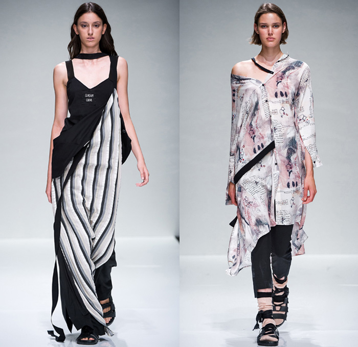 Minimal to 2018 Spring Summer Womens Runway Catwalk Looks - Who is on Next? 2017 Donna Altaroma Rome Italy - Ropes Harness Tie Up Stripes Drawings Ink Accordion Pleats Embossed Engraved Brocade Mesh Fishnet Sheer Chiffon Organza Tie-Dye Jacket Maxi Dress Shirtdress Socks With Sandals Pouch Storage Bag