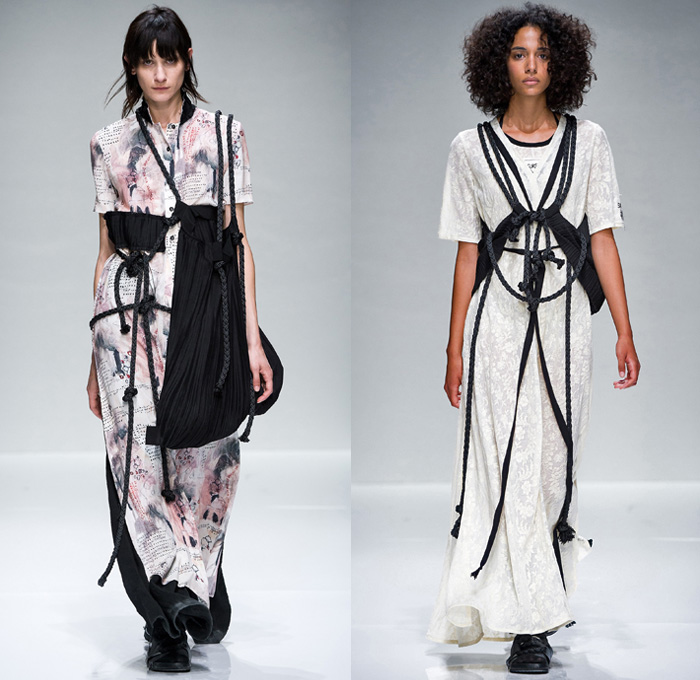 Minimal to 2018 Spring Summer Womens Runway Catwalk Looks - Who is on Next? 2017 Donna Altaroma Rome Italy - Ropes Harness Tie Up Stripes Drawings Ink Accordion Pleats Embossed Engraved Brocade Mesh Fishnet Sheer Chiffon Organza Tie-Dye Jacket Maxi Dress Shirtdress Socks With Sandals Pouch Storage Bag