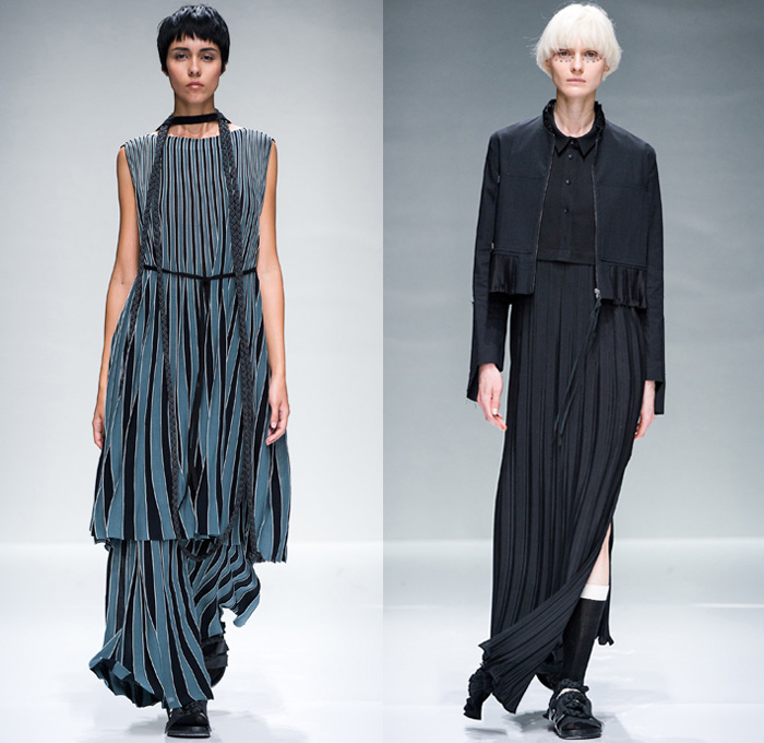 Minimal to 2018 Spring Summer Womens Runway Catwalk Looks - Who is on Next? 2017 Donna Altaroma Rome Italy - Ropes Harness Tie Up Stripes Drawings Ink Accordion Pleats Embossed Engraved Brocade Mesh Fishnet Sheer Chiffon Organza Tie-Dye Jacket Maxi Dress Shirtdress Socks With Sandals Pouch Storage Bag