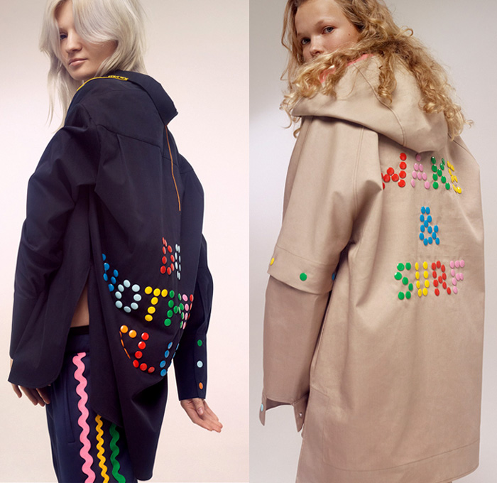 Mira Mikati 2018 Spring Summer Womens Lookbook Presentation - Mode à Paris Fashion Week France - Venice Beach Southern California Streetwear Surf Skate Denim Jeans Cutoffs Shorts Patches Colored Buttons Curls Fringes Threads Strings Embroidery Tearaway Snap Buttons Robe Poncho Parka Anorak Windbreaker Rainwear Hood Elongated Sleeves Blouse Bomber Jacket PVC Vinyl Pleather Knit Mesh Crochet Weave Dress Tuxedo Stripe Jogger Sweatpants Trackpants Drawstring Dolphin Hem Socks Slippers Sneakers