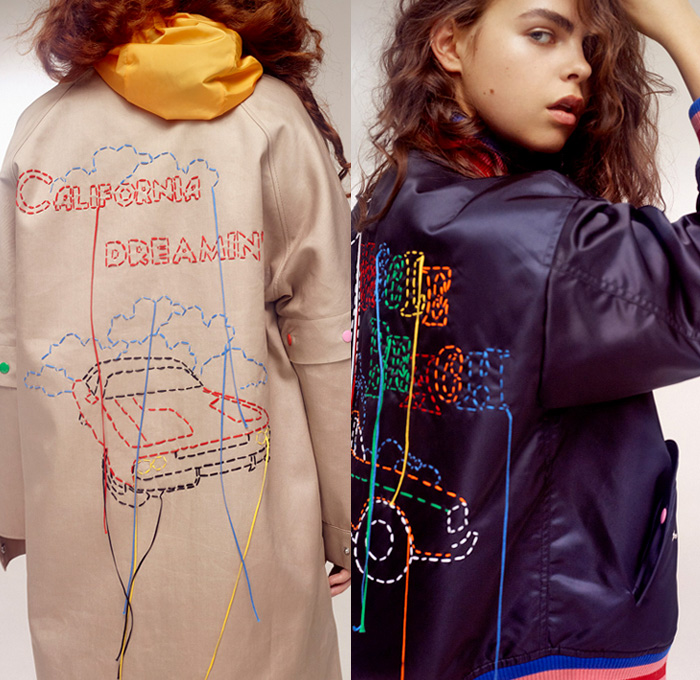 Mira Mikati 2018 Spring Summer Womens Lookbook Presentation - Mode à Paris Fashion Week France - Venice Beach Southern California Streetwear Surf Skate Denim Jeans Cutoffs Shorts Patches Colored Buttons Curls Fringes Threads Strings Embroidery Tearaway Snap Buttons Robe Poncho Parka Anorak Windbreaker Rainwear Hood Elongated Sleeves Blouse Bomber Jacket PVC Vinyl Pleather Knit Mesh Crochet Weave Dress Tuxedo Stripe Jogger Sweatpants Trackpants Drawstring Dolphin Hem Socks Slippers Sneakers