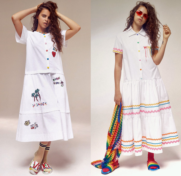 Mira Mikati 2018 Spring Summer Womens Lookbook Presentation - Mode à Paris Fashion Week France - Venice Beach Southern California Streetwear Surf Skate Denim Jeans Cutoffs Shorts Patches Colored Buttons Curls Fringes Threads Strings Embroidery Tearaway Snap Buttons Robe Poncho Parka Anorak Windbreaker Rainwear Hood Elongated Sleeves Blouse Bomber Jacket PVC Vinyl Pleather Knit Mesh Crochet Weave Dress Tuxedo Stripe Jogger Sweatpants Trackpants Drawstring Dolphin Hem Socks Slippers Sneakers