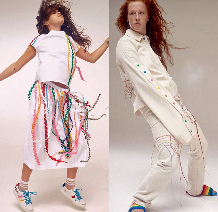 Mira Mikati 2018 Spring Summer Womens Lookbook Presentation - Mode à Paris Fashion Week France - Venice Beach Southern California Streetwear Surf Skate Denim Jeans Cutoffs Shorts Patches Colored Buttons Curls Fringes Threads Strings Embroidery Tearaway Snap Buttons Robe Poncho Parka Anorak Windbreaker Rainwear Hood Elongated Sleeves Blouse Bomber Jacket PVC Vinyl Pleather Knit Mesh Crochet Weave Dress Tuxedo Stripe Jogger Sweatpants Trackpants Drawstring Dolphin Hem Socks Slippers Sneakers