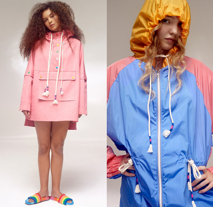 Mira Mikati 2018 Spring Summer Womens Lookbook Presentation - Mode à Paris Fashion Week France - Venice Beach Southern California Streetwear Surf Skate Denim Jeans Cutoffs Shorts Patches Colored Buttons Curls Fringes Threads Strings Embroidery Tearaway Snap Buttons Robe Poncho Parka Anorak Windbreaker Rainwear Hood Elongated Sleeves Blouse Bomber Jacket PVC Vinyl Pleather Knit Mesh Crochet Weave Dress Tuxedo Stripe Jogger Sweatpants Trackpants Drawstring Dolphin Hem Socks Slippers Sneakers