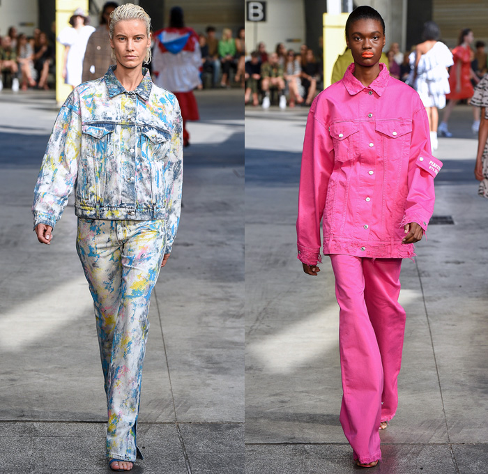 MSGM by Massimo Giorgetti 2018 Spring Summer Womens Runway Catwalk Looks - Milano Moda Donna Collezione Milan Fashion Week Italy - Denim Jeans Bootcut Flare Paint Splatter Ombre Cargo Pockets Vest Trench Coat Parka Knit Jumper Pullover Sweaterdress Shirtdress One Shoulder Leg O'Mutton Sleeves Silk Satin Panel Tie-Dye Colors Lace Lasercut Ruffles Butterfly Shoulders PVC Vinyl Plaid Tartan Check Sequins Wide Leg Palazzo Pants Skirt Dress Tiered Backpack Boots Wrapped Shoes Bucket Hat Tote Sack