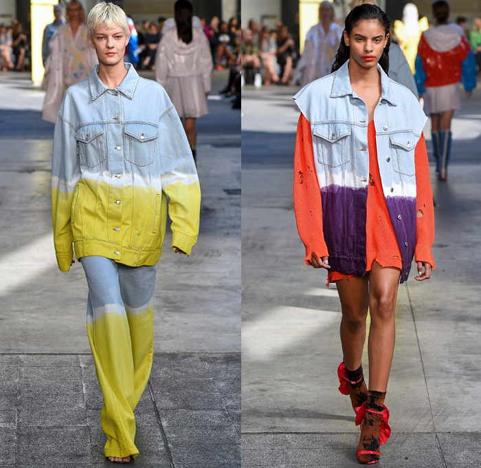 MSGM by Massimo Giorgetti 2018 Spring Summer Womens Runway Catwalk Looks - Milano Moda Donna Collezione Milan Fashion Week Italy - Denim Jeans Bootcut Flare Paint Splatter Ombre Cargo Pockets Vest Trench Coat Parka Knit Jumper Pullover Sweaterdress Shirtdress One Shoulder Leg O'Mutton Sleeves Silk Satin Panel Tie-Dye Colors Lace Lasercut Ruffles Butterfly Shoulders PVC Vinyl Plaid Tartan Check Sequins Wide Leg Palazzo Pants Skirt Dress Tiered Backpack Boots Wrapped Shoes Bucket Hat Tote Sack