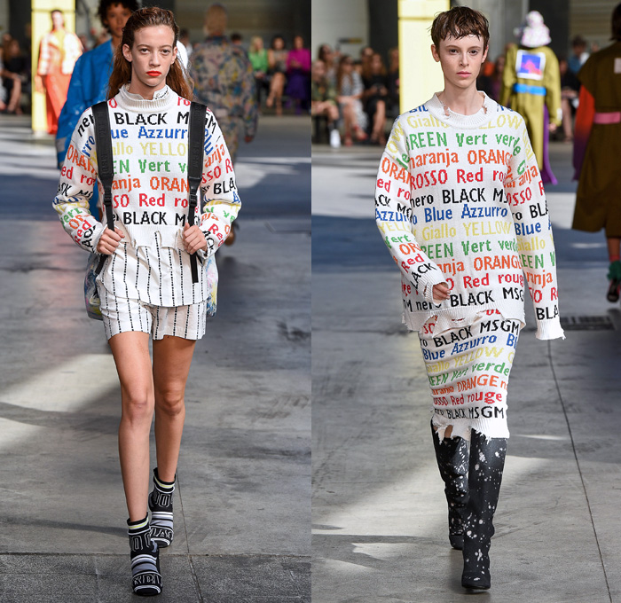 MSGM by Massimo Giorgetti 2018 Spring Summer Womens Runway Catwalk Looks - Milano Moda Donna Collezione Milan Fashion Week Italy - Denim Jeans Bootcut Flare Paint Splatter Ombre Cargo Pockets Vest Trench Coat Parka Knit Jumper Pullover Sweaterdress Shirtdress One Shoulder Leg O'Mutton Sleeves Silk Satin Panel Tie-Dye Colors Lace Lasercut Ruffles Butterfly Shoulders PVC Vinyl Plaid Tartan Check Sequins Wide Leg Palazzo Pants Skirt Dress Tiered Backpack Boots Wrapped Shoes Bucket Hat Tote Sack