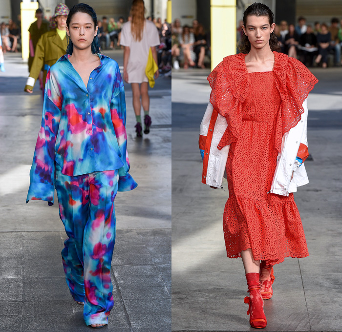 MSGM by Massimo Giorgetti 2018 Spring Summer Womens Runway Catwalk Looks - Milano Moda Donna Collezione Milan Fashion Week Italy - Denim Jeans Bootcut Flare Paint Splatter Ombre Cargo Pockets Vest Trench Coat Parka Knit Jumper Pullover Sweaterdress Shirtdress One Shoulder Leg O'Mutton Sleeves Silk Satin Panel Tie-Dye Colors Lace Lasercut Ruffles Butterfly Shoulders PVC Vinyl Plaid Tartan Check Sequins Wide Leg Palazzo Pants Skirt Dress Tiered Backpack Boots Wrapped Shoes Bucket Hat Tote Sack