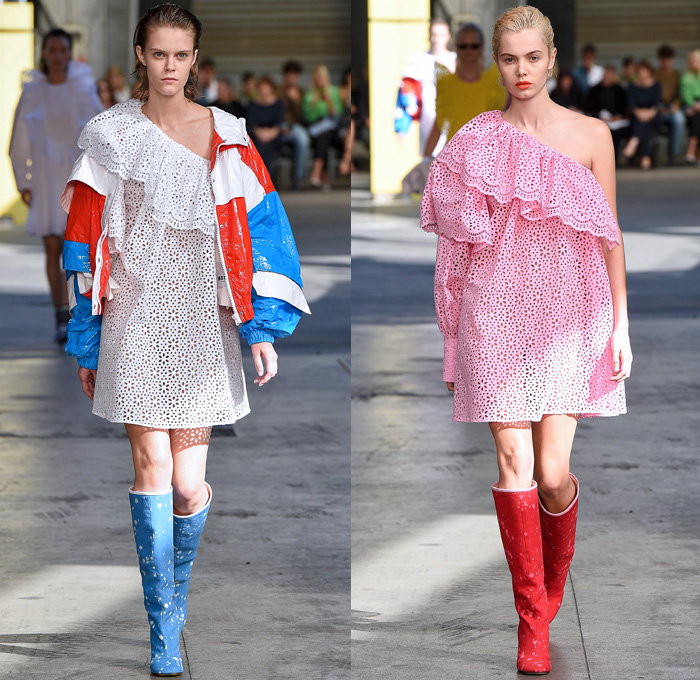 MSGM by Massimo Giorgetti 2018 Spring Summer Womens Runway Catwalk Looks - Milano Moda Donna Collezione Milan Fashion Week Italy - Denim Jeans Bootcut Flare Paint Splatter Ombre Cargo Pockets Vest Trench Coat Parka Knit Jumper Pullover Sweaterdress Shirtdress One Shoulder Leg O'Mutton Sleeves Silk Satin Panel Tie-Dye Colors Lace Lasercut Ruffles Butterfly Shoulders PVC Vinyl Plaid Tartan Check Sequins Wide Leg Palazzo Pants Skirt Dress Tiered Backpack Boots Wrapped Shoes Bucket Hat Tote Sack