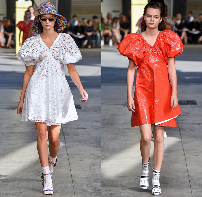 MSGM by Massimo Giorgetti 2018 Spring Summer Womens Runway Catwalk Looks - Milano Moda Donna Collezione Milan Fashion Week Italy - Denim Jeans Bootcut Flare Paint Splatter Ombre Cargo Pockets Vest Trench Coat Parka Knit Jumper Pullover Sweaterdress Shirtdress One Shoulder Leg O'Mutton Sleeves Silk Satin Panel Tie-Dye Colors Lace Lasercut Ruffles Butterfly Shoulders PVC Vinyl Plaid Tartan Check Sequins Wide Leg Palazzo Pants Skirt Dress Tiered Backpack Boots Wrapped Shoes Bucket Hat Tote Sack