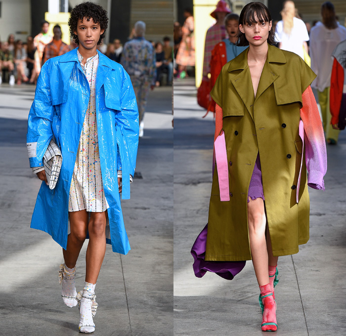 MSGM by Massimo Giorgetti 2018 Spring Summer Womens Runway Catwalk Looks - Milano Moda Donna Collezione Milan Fashion Week Italy - Denim Jeans Bootcut Flare Paint Splatter Ombre Cargo Pockets Vest Trench Coat Parka Knit Jumper Pullover Sweaterdress Shirtdress One Shoulder Leg O'Mutton Sleeves Silk Satin Panel Tie-Dye Colors Lace Lasercut Ruffles Butterfly Shoulders PVC Vinyl Plaid Tartan Check Sequins Wide Leg Palazzo Pants Skirt Dress Tiered Backpack Boots Wrapped Shoes Bucket Hat Tote Sack