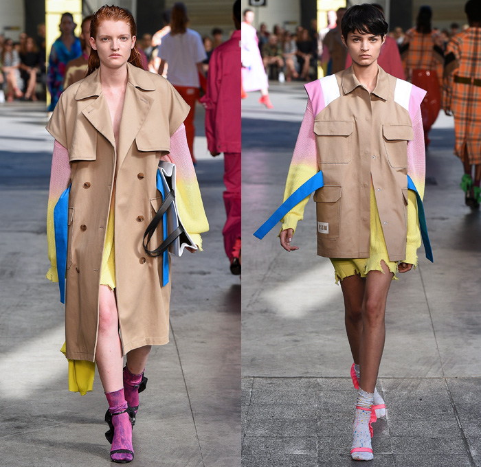 MSGM by Massimo Giorgetti 2018 Spring Summer Womens Runway Catwalk Looks - Milano Moda Donna Collezione Milan Fashion Week Italy - Denim Jeans Bootcut Flare Paint Splatter Ombre Cargo Pockets Vest Trench Coat Parka Knit Jumper Pullover Sweaterdress Shirtdress One Shoulder Leg O'Mutton Sleeves Silk Satin Panel Tie-Dye Colors Lace Lasercut Ruffles Butterfly Shoulders PVC Vinyl Plaid Tartan Check Sequins Wide Leg Palazzo Pants Skirt Dress Tiered Backpack Boots Wrapped Shoes Bucket Hat Tote Sack
