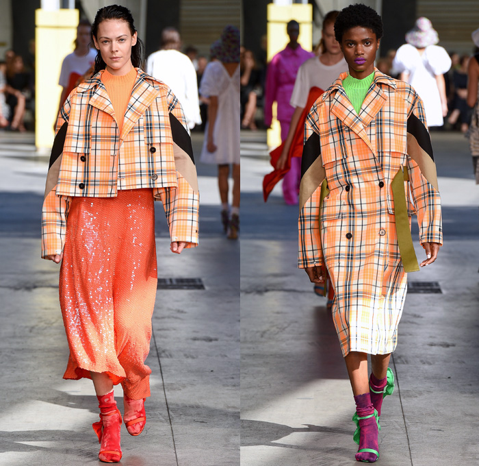 MSGM by Massimo Giorgetti 2018 Spring Summer Womens Runway Catwalk Looks - Milano Moda Donna Collezione Milan Fashion Week Italy - Denim Jeans Bootcut Flare Paint Splatter Ombre Cargo Pockets Vest Trench Coat Parka Knit Jumper Pullover Sweaterdress Shirtdress One Shoulder Leg O'Mutton Sleeves Silk Satin Panel Tie-Dye Colors Lace Lasercut Ruffles Butterfly Shoulders PVC Vinyl Plaid Tartan Check Sequins Wide Leg Palazzo Pants Skirt Dress Tiered Backpack Boots Wrapped Shoes Bucket Hat Tote Sack